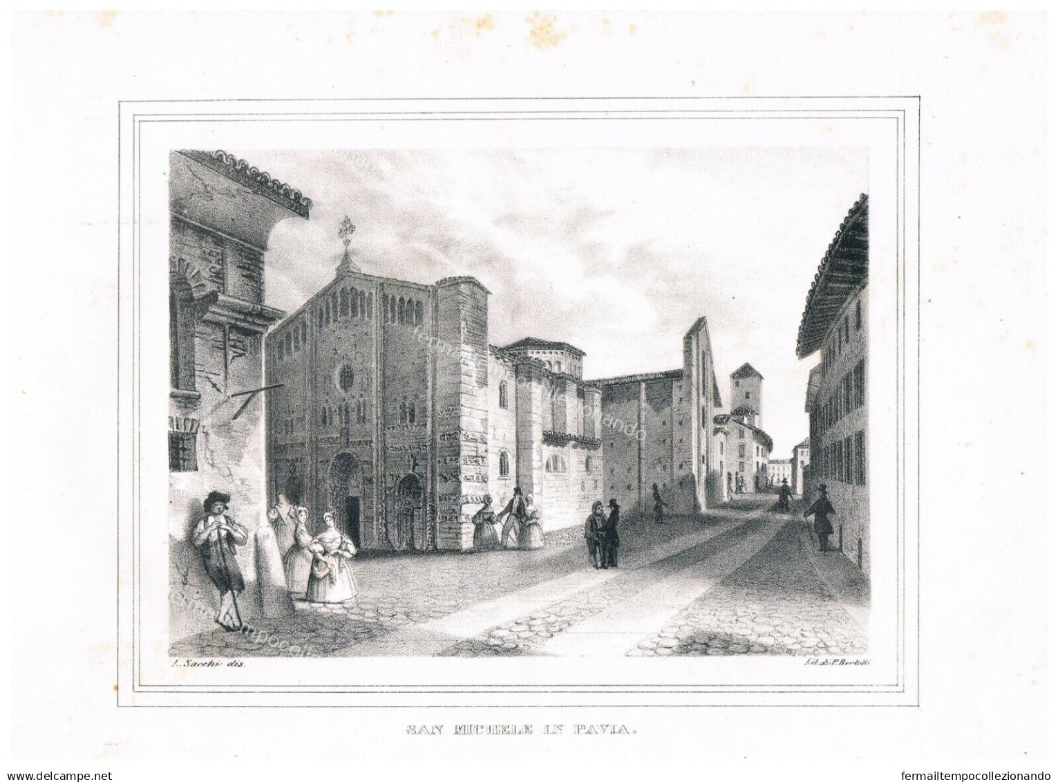 70-1861-san Michele In Pavia-litografia Di G. Elena-lombardia Pittoresca - Stiche & Gravuren