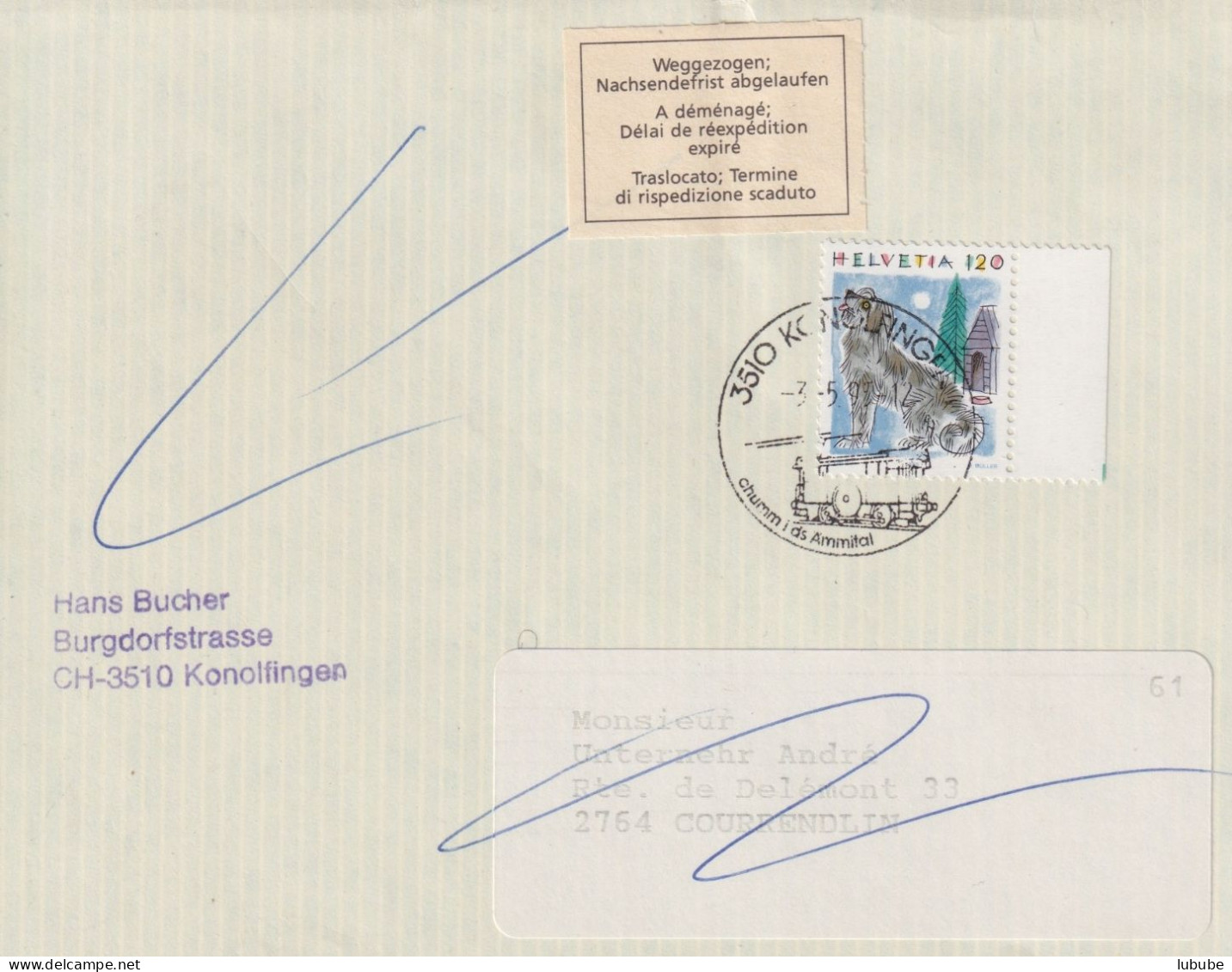 Brieffragment  Konolfingen - Correndlin  (Weggezogen, Nachsendefrist Abgelaufen)       1995 - Covers & Documents