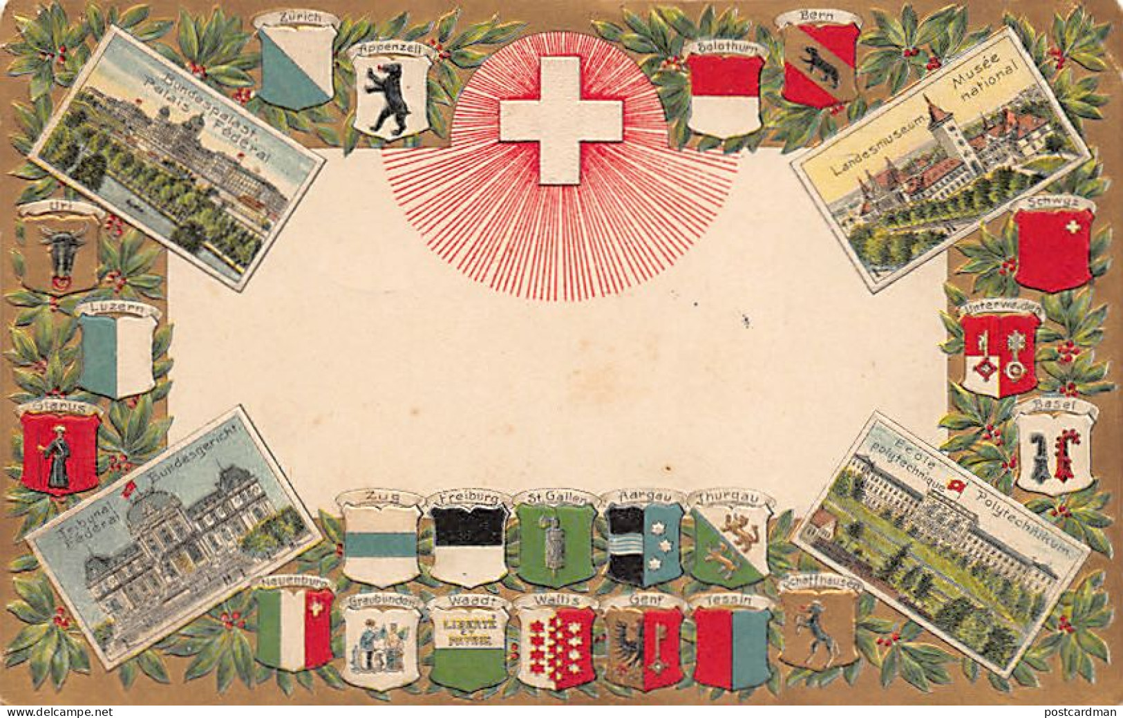 BERN - Litho - Mehrfachansicht - Bundespalast - Bundesgericht - Landesmuseum - Geprägte Schweizer Wappen - Verlag H. Gug - Bern