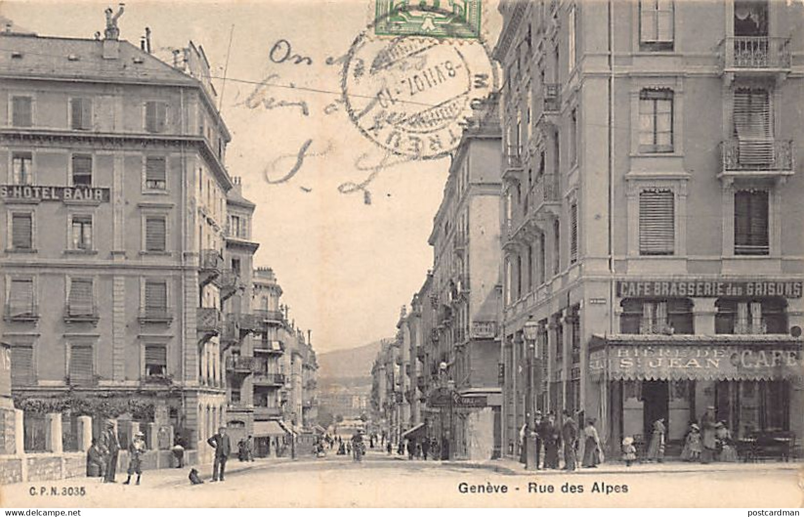 GENÈVE - Rue Des Alpes - Cafe Brasserie Des Grisons - Hotel Baur - Ed. C.P.N. 3035 - Genève