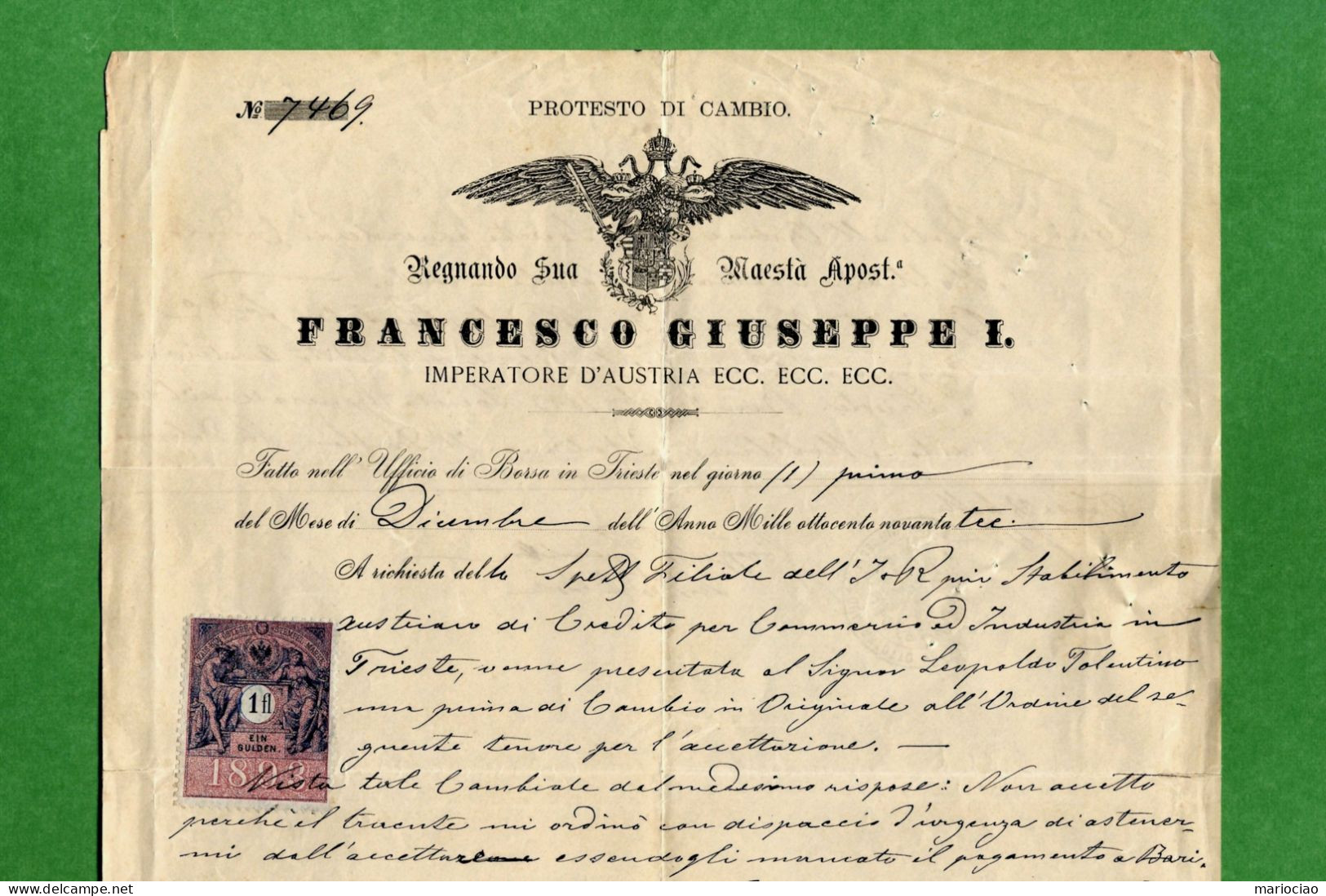 D-IT TRIESTE 1893 Francesco Giuseppe I^ - Franz Joseph I^ Protesto Di Cambio Con Marca Austriaca - Documentos Históricos