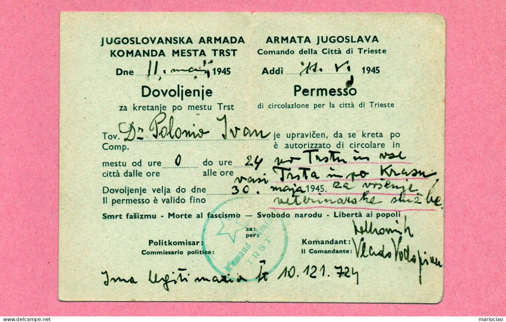 D-IT Trieste 1945 OCCUPAZIONE TITINA Tito Jugoslavia LASCIAPASSARE Bilingue Passierschein - Historische Dokumente