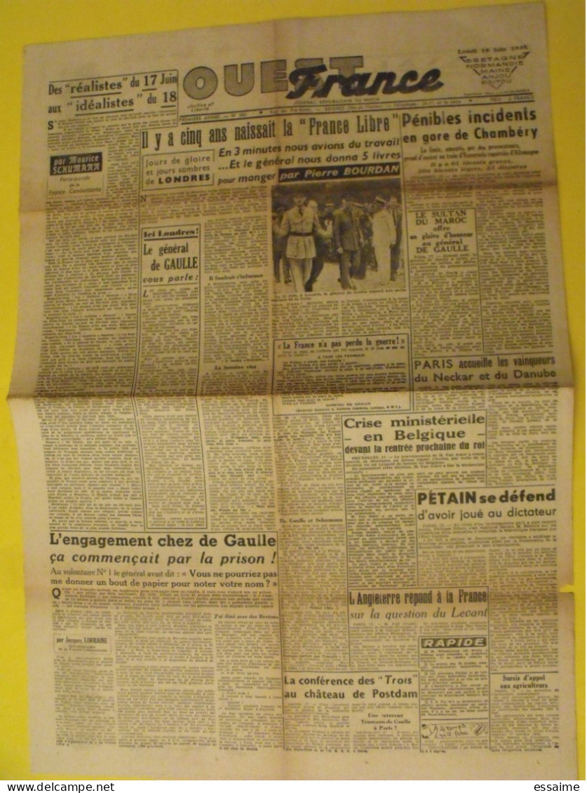 Ouest France N° 262 Du 18 Juin 1945. De Gaulle France Libre Pétain Schumann - Guerre 1939-45