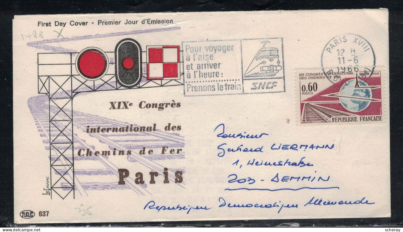 XIX° CONGRES INTERNATIONAL CHEMINS DE FER FAG SNCF AU TARIF DDR SUR YT 1488 - Trains