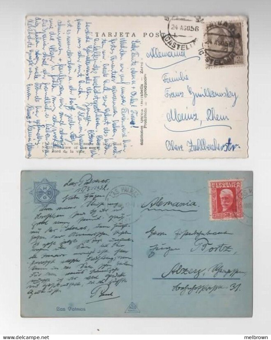 SPAIN 1956 & 1932 Peniscola & Las Palmas 2 Collectible Stamped & Used Postcards - Colecciones Y Lotes