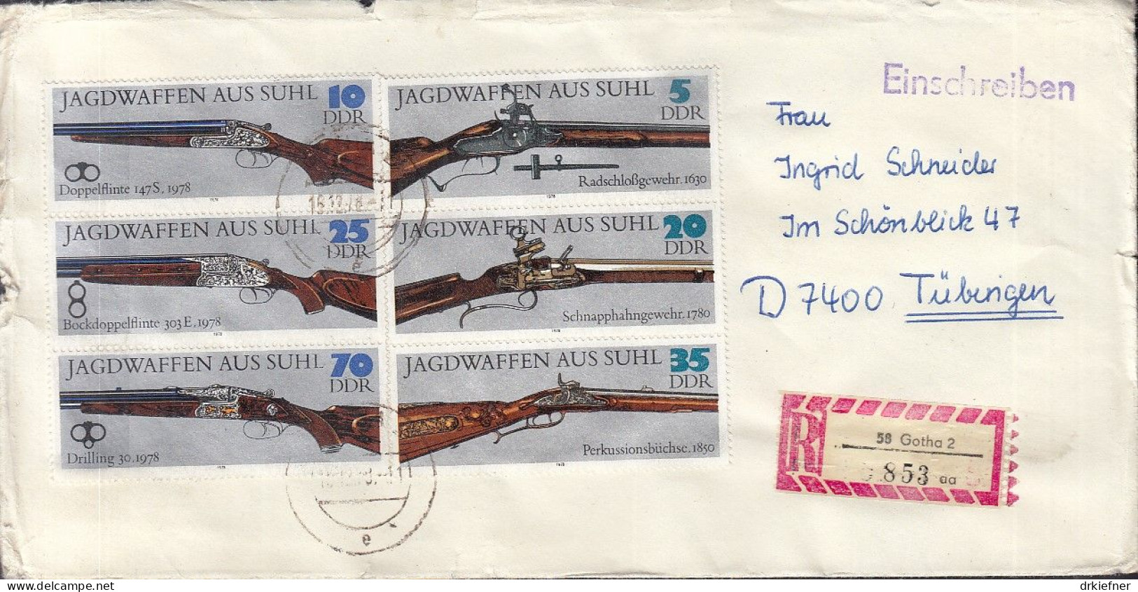 DDR  2376-2381, 2 Dreierstreifen Auf R-Brief, Gestempelt: Gotha, Jagdwaffen, 1978 - Se-Tenant
