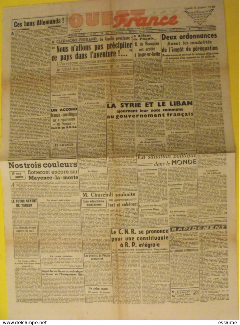 Ouest France N° 274 Du 2 Juillet 1945. De Gaulle De Beauplan La Gerbe Le Dantec Syrie Liban Churchill Pétain Tanger - Oorlog 1939-45