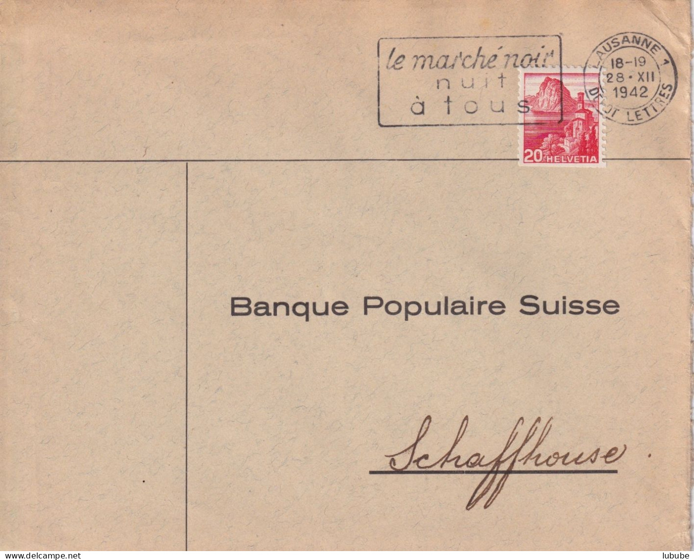 Motiv Brief  Lausanne - "Banque Populaire Suisse, Schaffhouse"  (Rollenfrankatur)      1942 - Cartas & Documentos