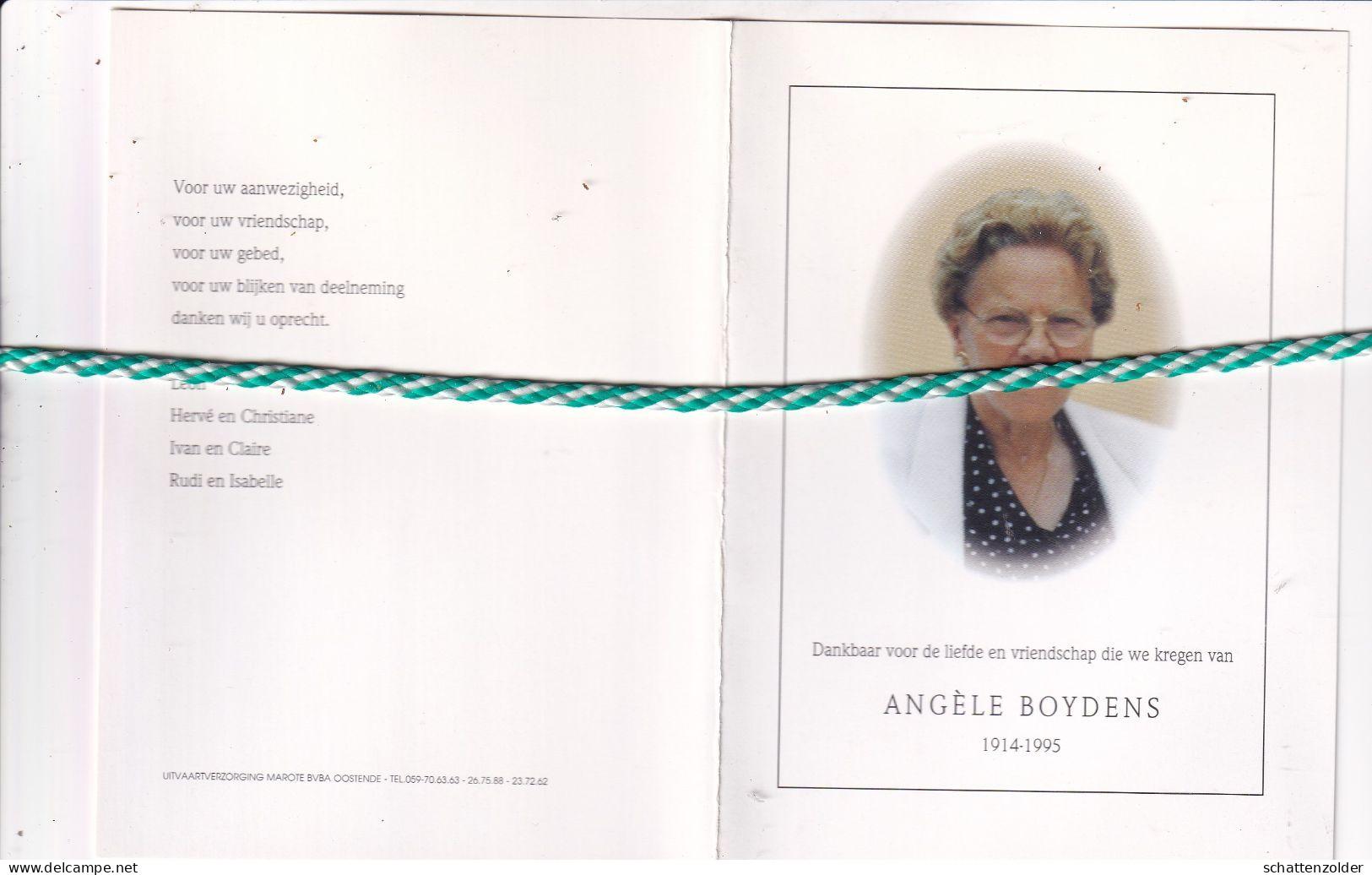 Angèle Boydens-Cattrysse, Middelkerke 1914; De Haan 1995. Foto - Todesanzeige