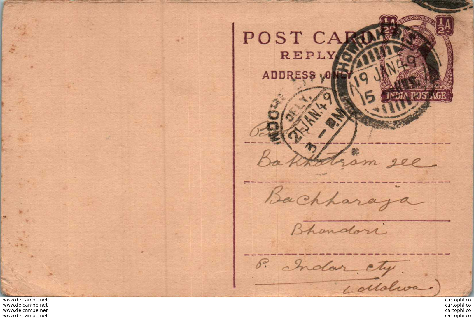 India Postal Stationery George VI 1/2 A Howrah Cds Indore Cds - Ansichtskarten