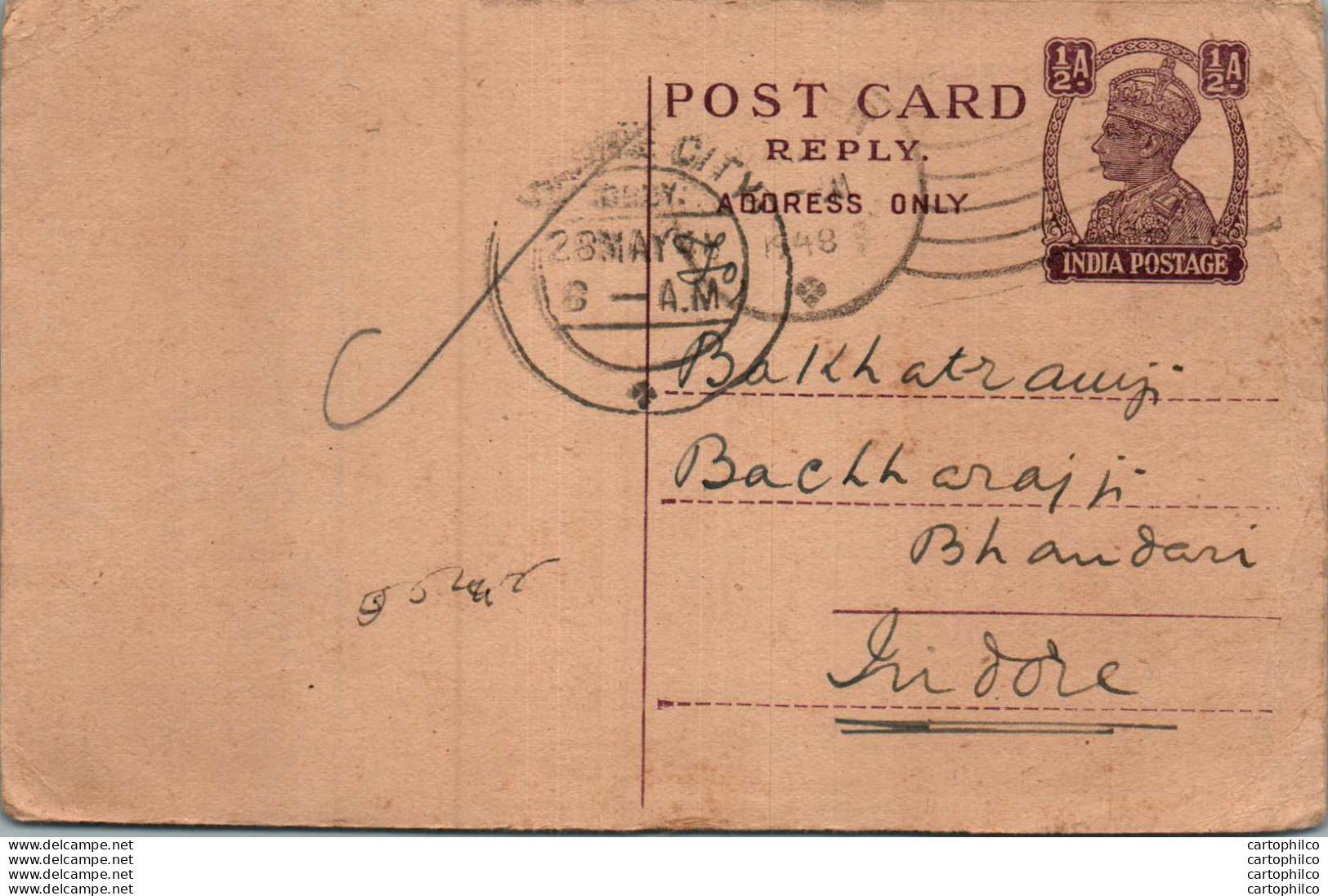 India Postal Stationery George VI 1/2 A To Indore - Ansichtskarten