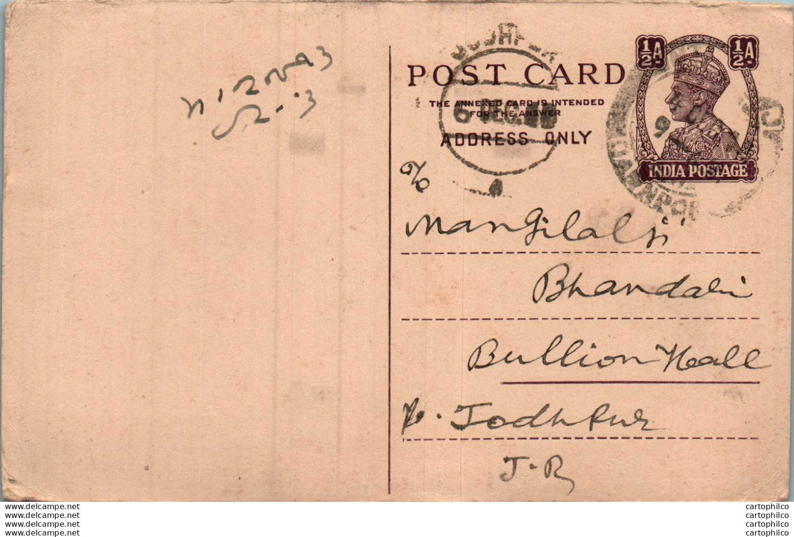 India Postal Stationery George VI 1/2 A To Jodhpur - Ansichtskarten