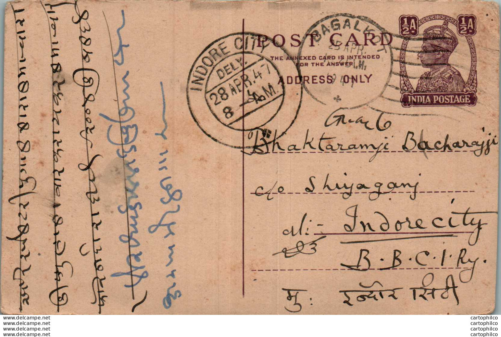 India Postal Stationery George VI 1/2 A Indore Cds Bagalkot Cds - Postcards