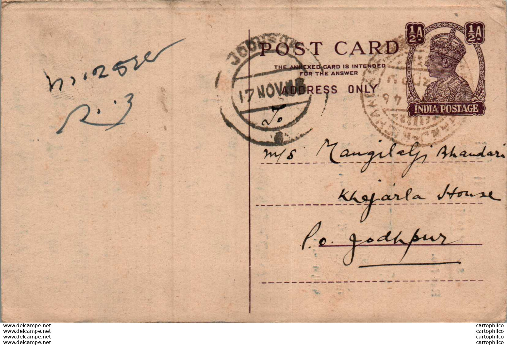 India Postal Stationery George VI 1/2 A Jodhpur Cds Chandi - Cartes Postales