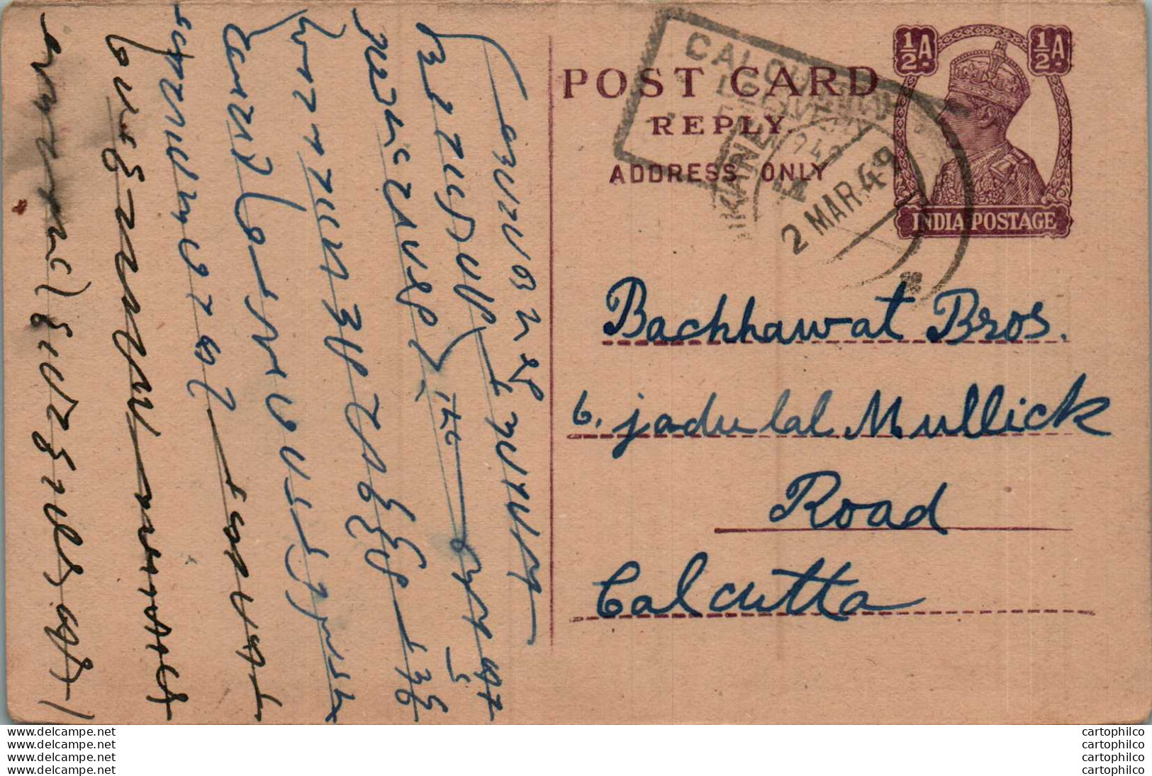 India Postal Stationery George VI 1/2 A To Calcutta - Postcards