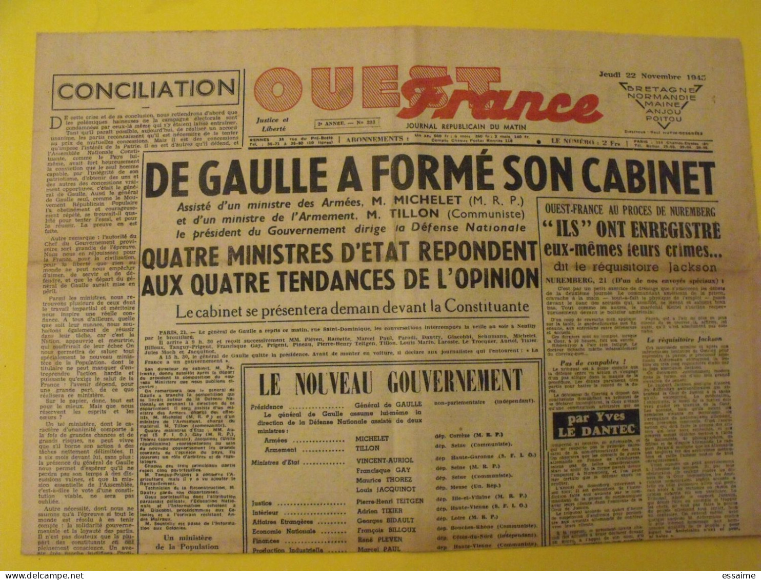 Ouest France N° 393 Du 22 Novembre 1945. De Gaulle Thorez Michelet Tillon Le Dantec Hess Speer Guillou Iran - Guerre 1939-45