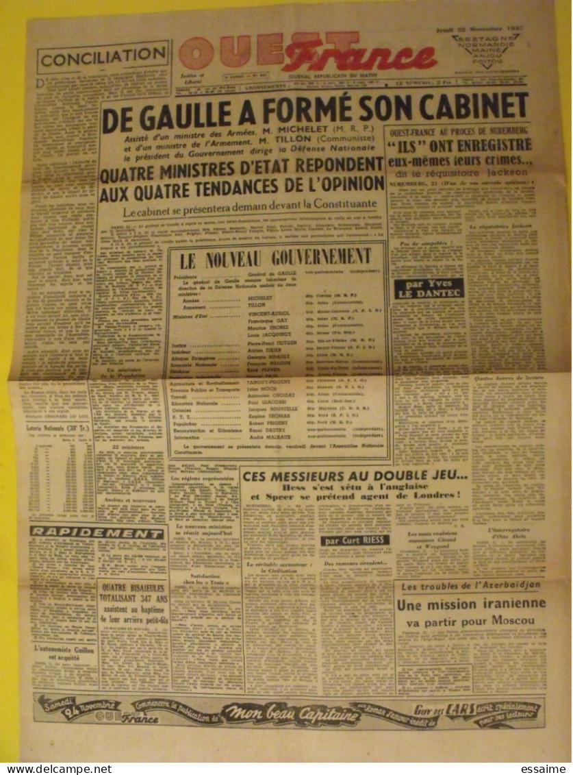 Ouest France N° 393 Du 22 Novembre 1945. De Gaulle Thorez Michelet Tillon Le Dantec Hess Speer Guillou Iran - Weltkrieg 1939-45