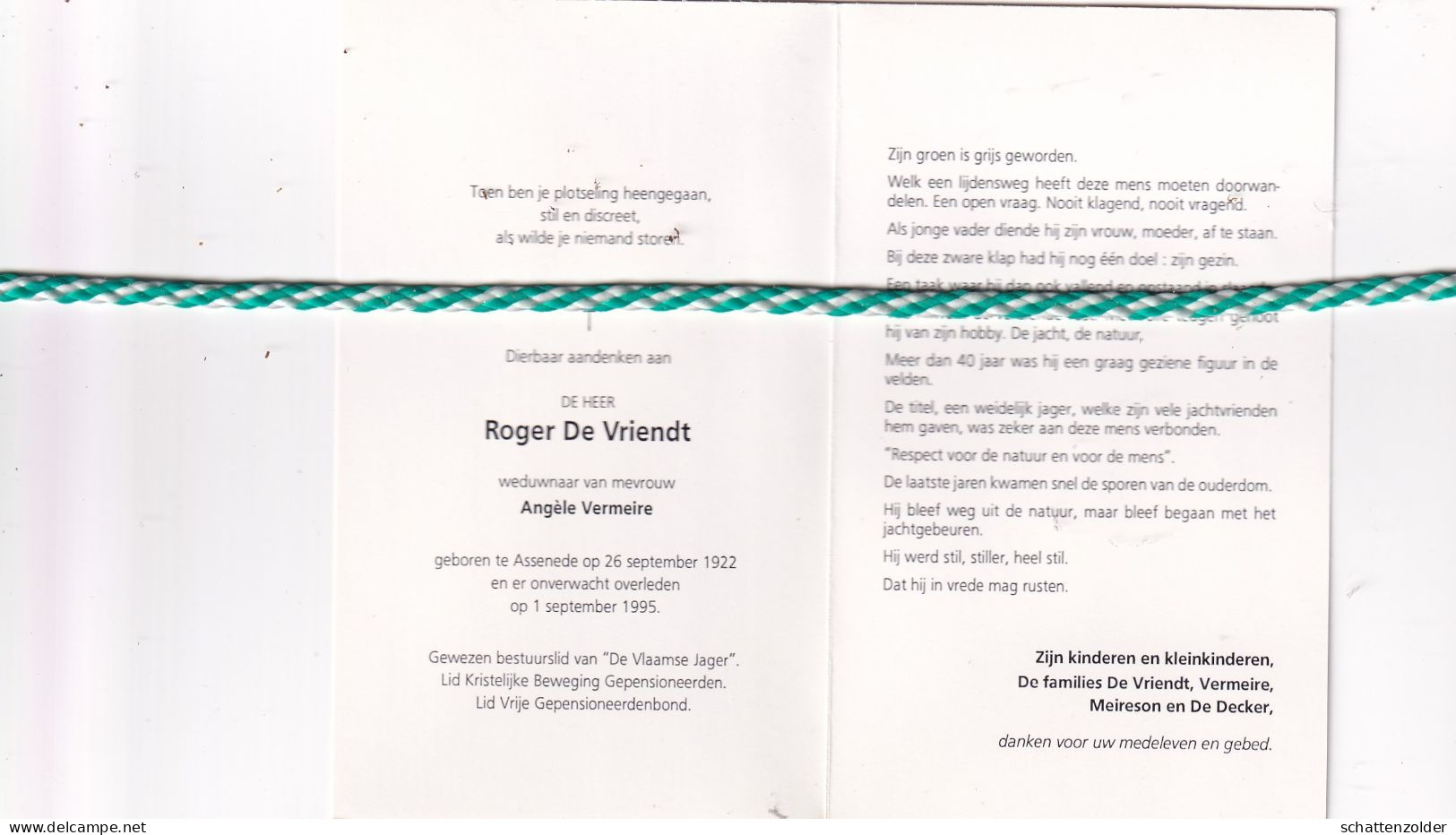 Roger De Vriendt-Vermeire, Assenede 1922, 1995. Foto - Avvisi Di Necrologio