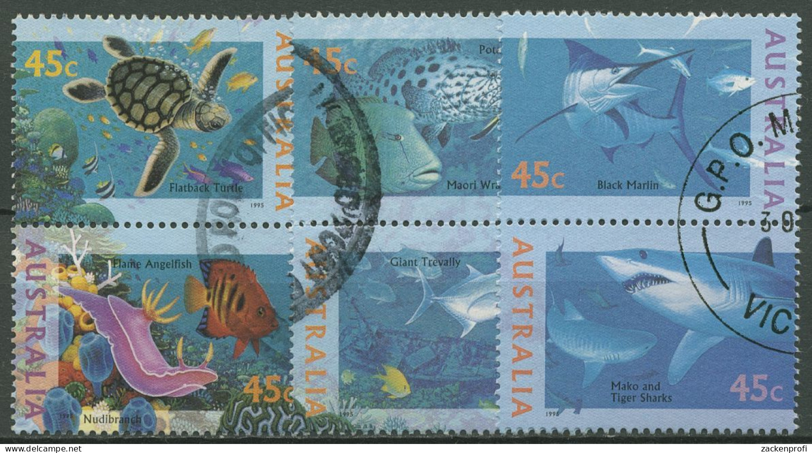 Australien 1995 Unterwasserwelt Fische Hai Schildkröte 1505/10 Gestempelt - Used Stamps