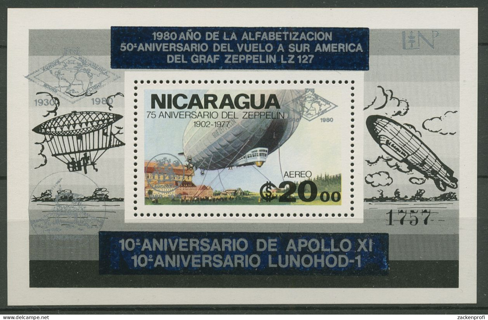 Nicaragua 1980 Luftfahrt Zeppelin Alphabetisierung Block 131 Aa Postfr. (C94379) - Nicaragua