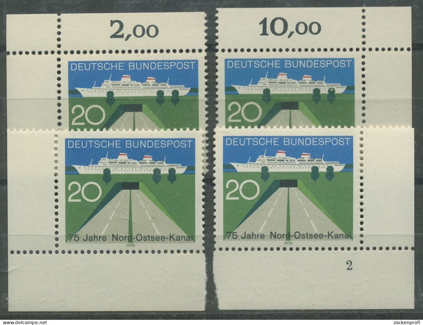 Bund 1970 75 Jahre Nord-Ostsee Kanal 628 Alle 4 Ecken Postfrisch (E217) - Ungebraucht