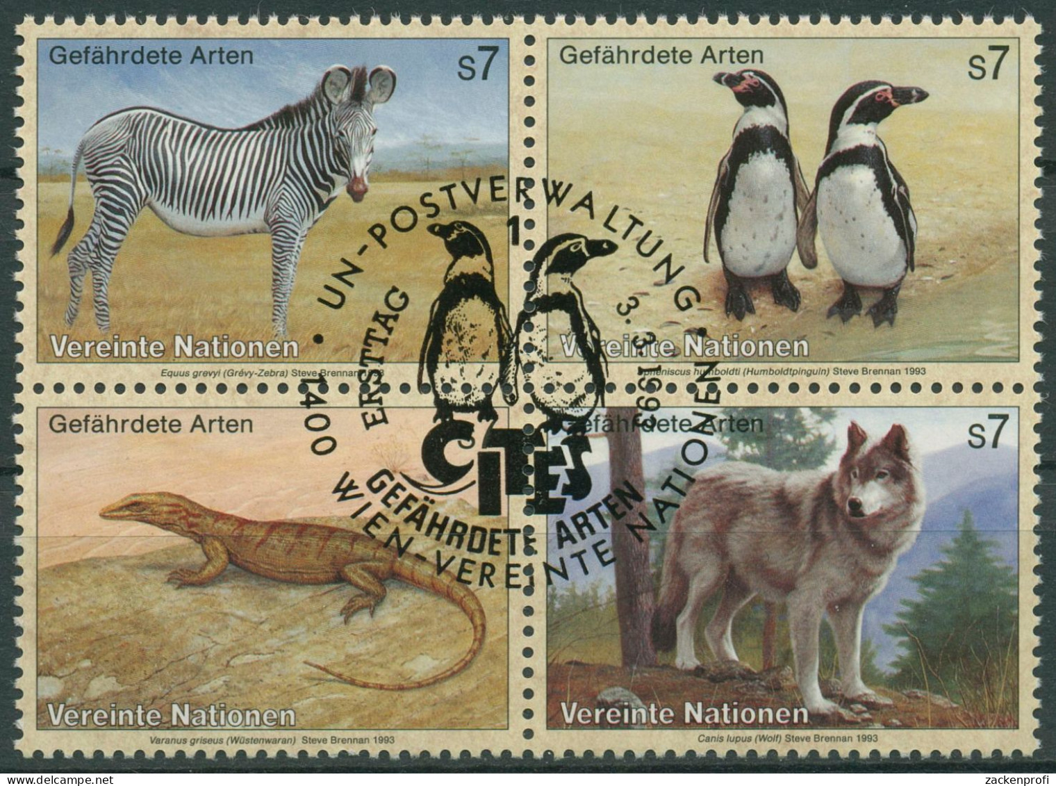 UNO Wien 1993 Gefährdete Tiere Zebra Pinguin Waran Wolf 143/46 ZD Gestempelt - Oblitérés