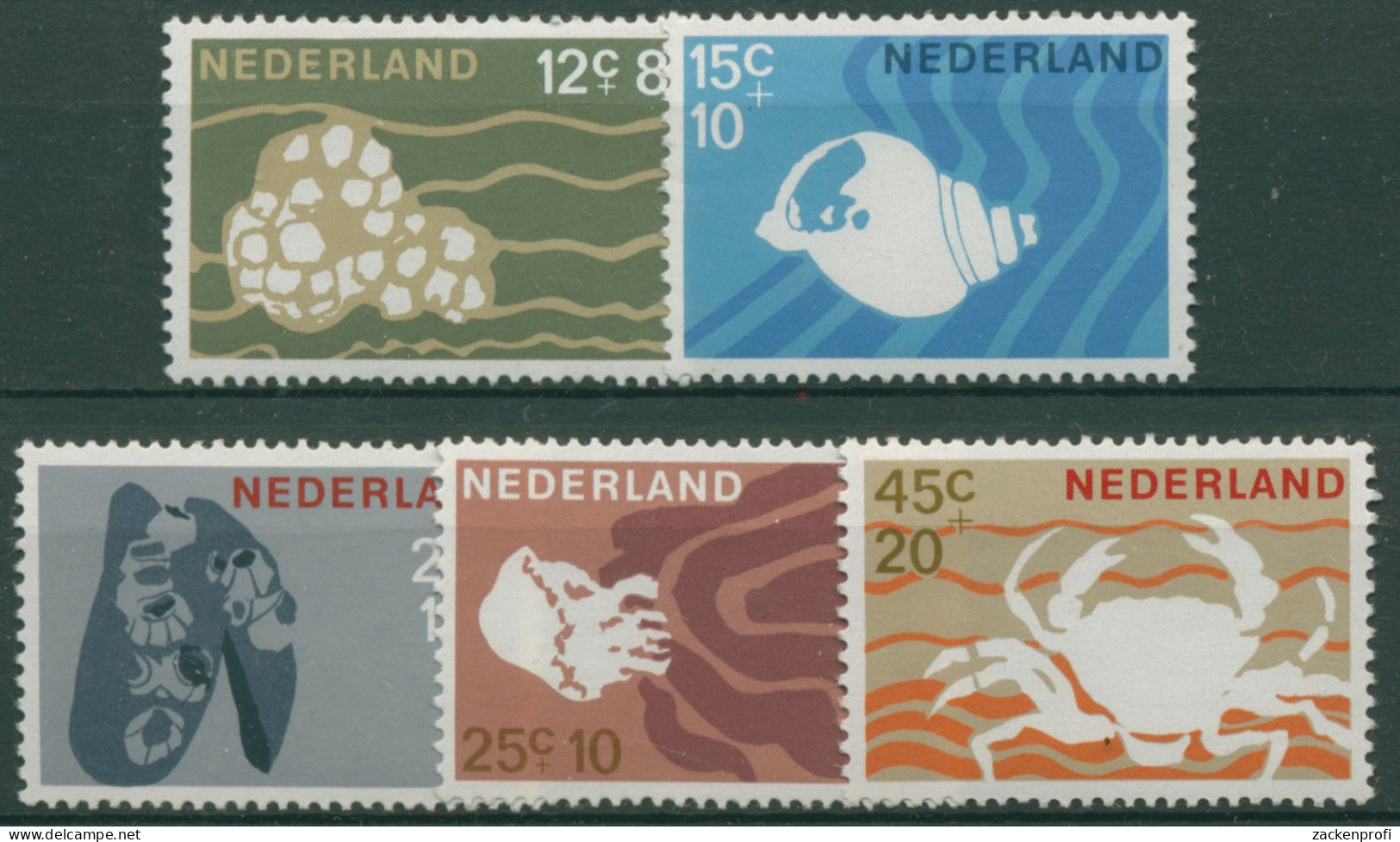 Niederlande 1967 Wirbellose Meerestiere: Krabbe, Schnecke, 873/77 Postfrisch - Nuovi