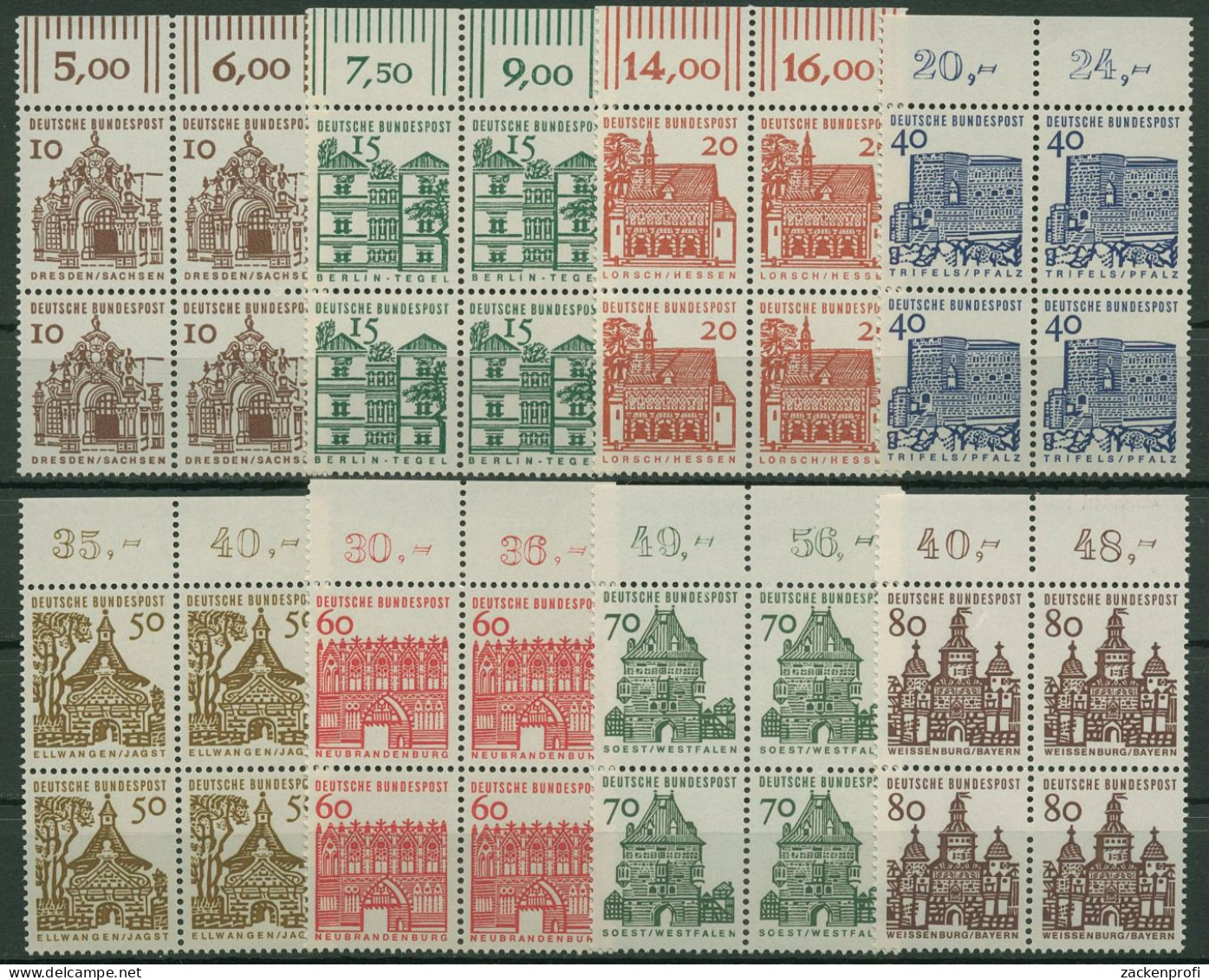 Bund 1964/65 Bauwerke Klein Bogenmarken 454/61 4er-Block Oberrand Postfrisch - Nuevos