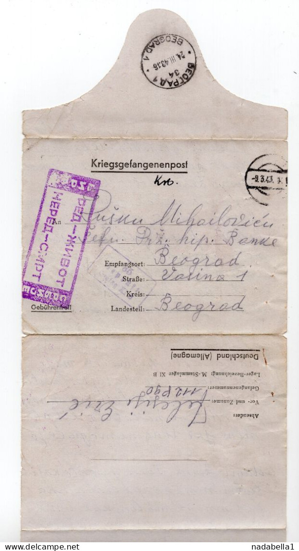 1943. WWII  SERBIA,GERMAN OCCUPATION,GERMANY POW CAMP STAMMLAGER XIB,LETTER TO BELGRADE,ORDER-LIFE,DISORDER-DEATH STAMP - Serbie