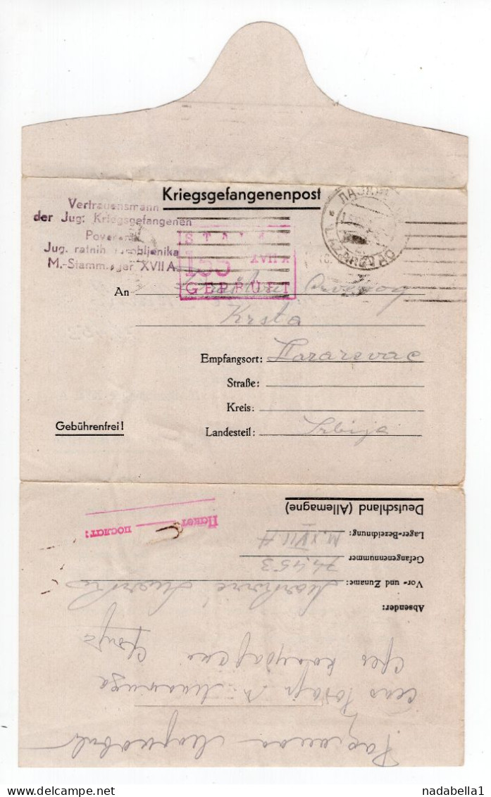 1943. WWII  SERBIA,GERMAN OCCUPATION,LAZAREVAC PARCEL PROOF LETTER TO GERMANY POW CAMP,POW M.MARKOVIC - Serbie