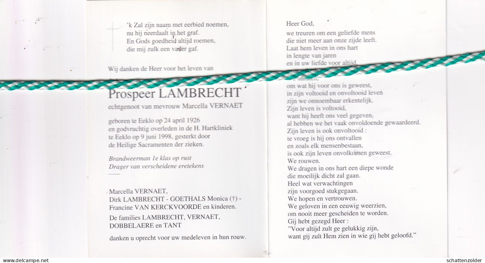 Prosper Lambrecht-Vernaet, Eeklo 1926, 1998. Foto Brandweerman 1e Klas O.r. - Obituary Notices