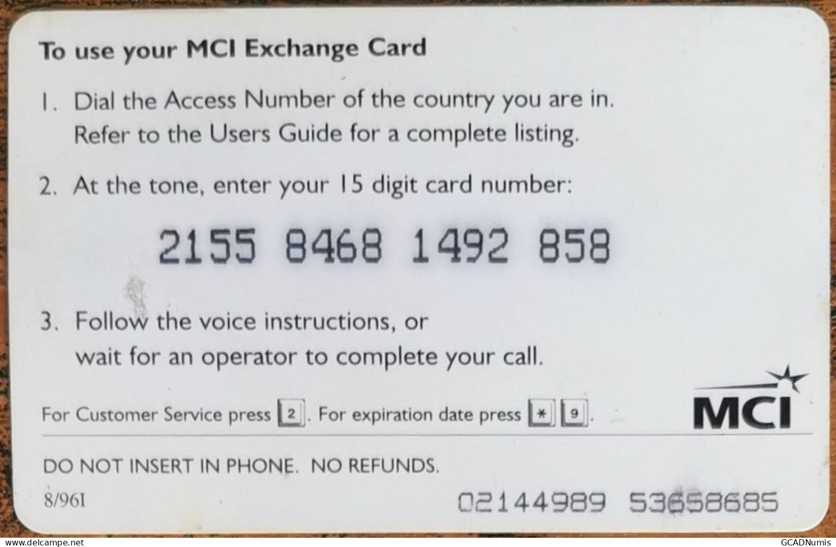 Carte De Recharge - MCI Exchange Card  USA 1995 ~49 - Andere & Zonder Classificatie