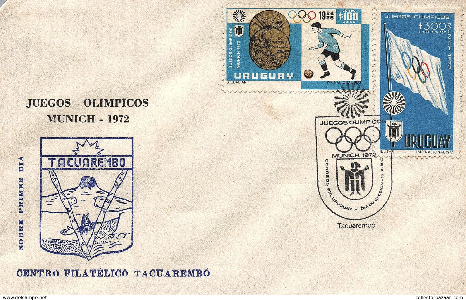 1972 Olympic Games Munich Uruguay FDC Flag And Soccer Gold Medal Anniversary Postmark Tacuarembo RR - Summer 1972: Munich