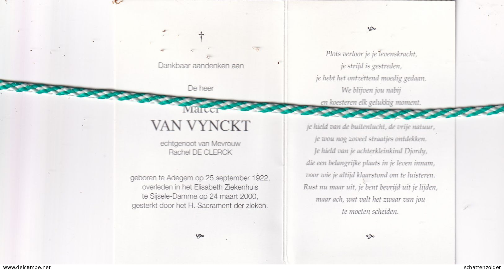 Marcel Van Vynckt-De Clerck, Adegem 1922, Sijsele-Damme 2000. Foto - Todesanzeige