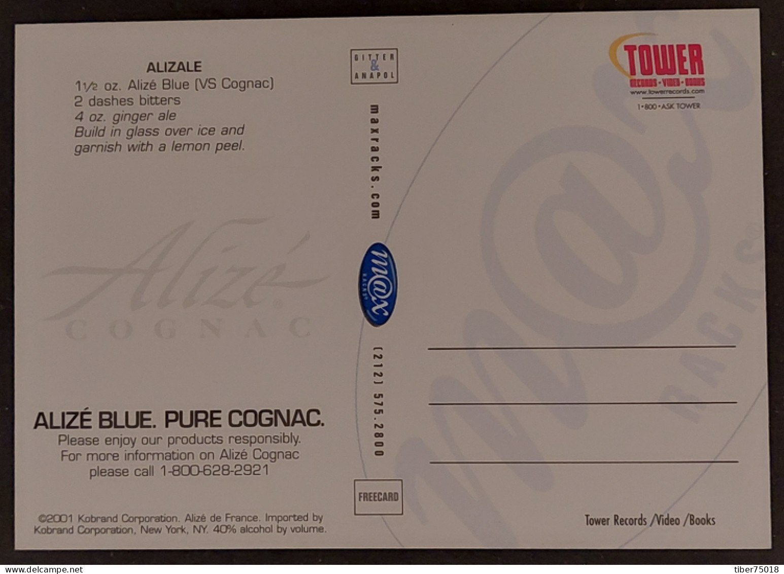 Carte Postale (Tower Records) Alizé Blue. Pure Cognac (boisson - Alcool) Latest Hip-hop Or Classic Be-bop... - Publicité