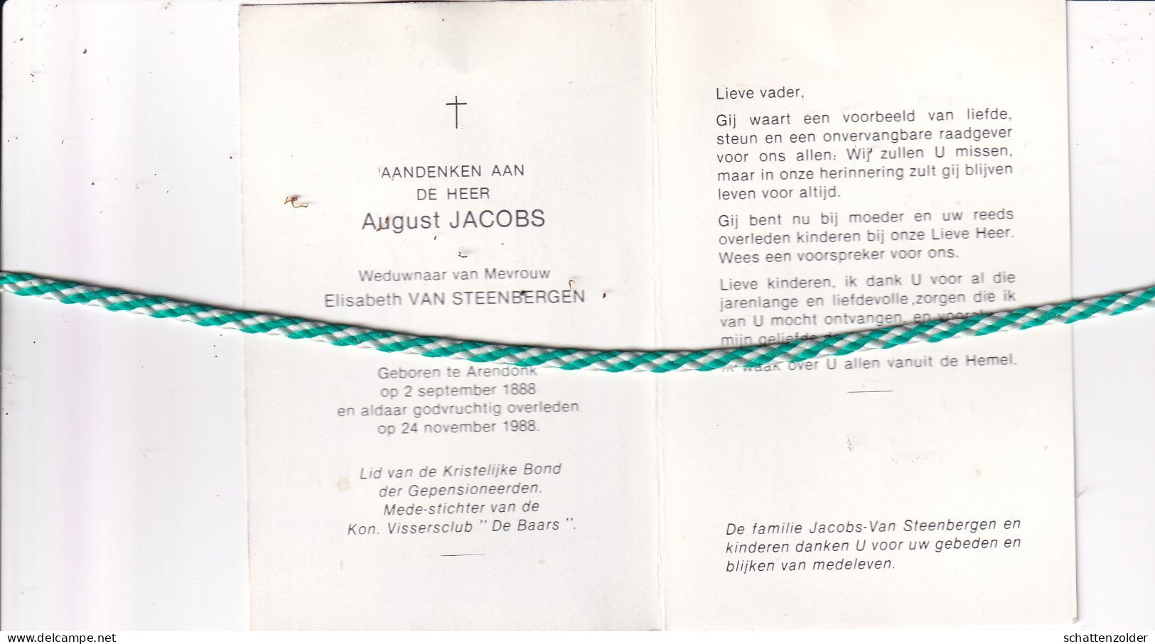 August Jacobs-Van Steenbergen, Arendonk 1888, 1988. Honderdjarige. Foto - Esquela