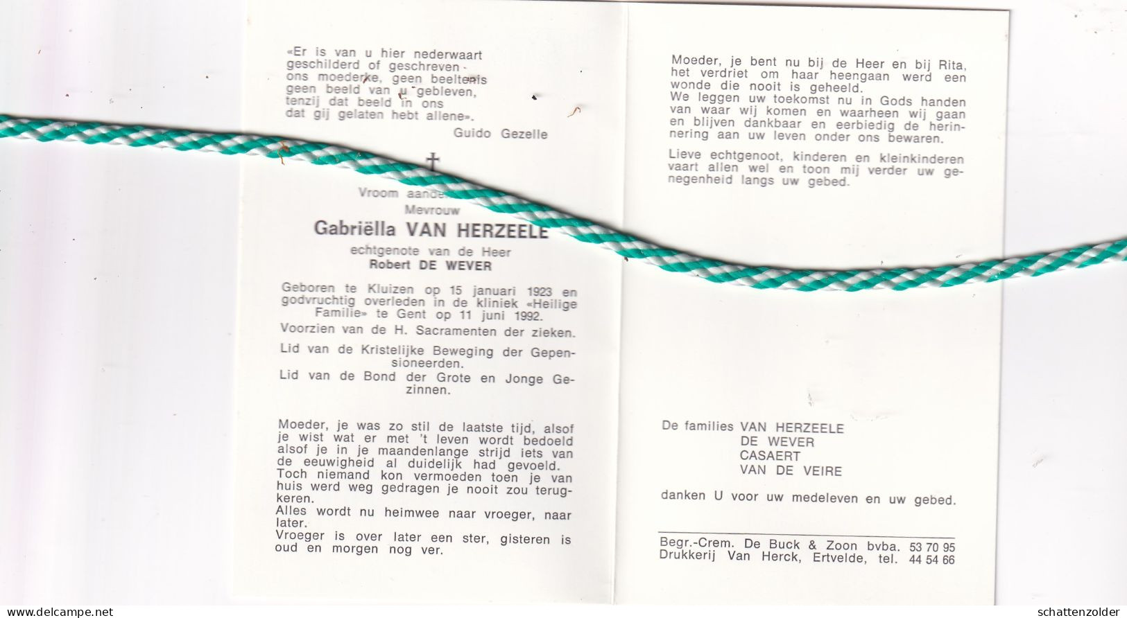 Gabriëlla Van Herzeele-De Wever, Kluizen 1923, Gent 1992. Foto - Todesanzeige