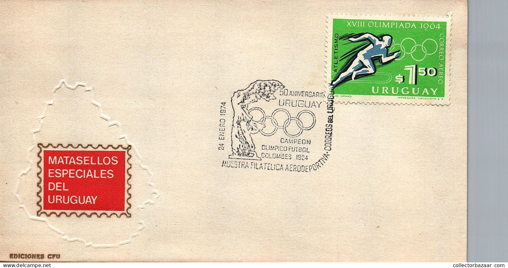 1974 Soccer Football 50th Anniversary Uruguay Olympic Triumph 1924 Paris Colombes Samothrace Greek Sculpture Uruguay FDC - Lettres & Documents