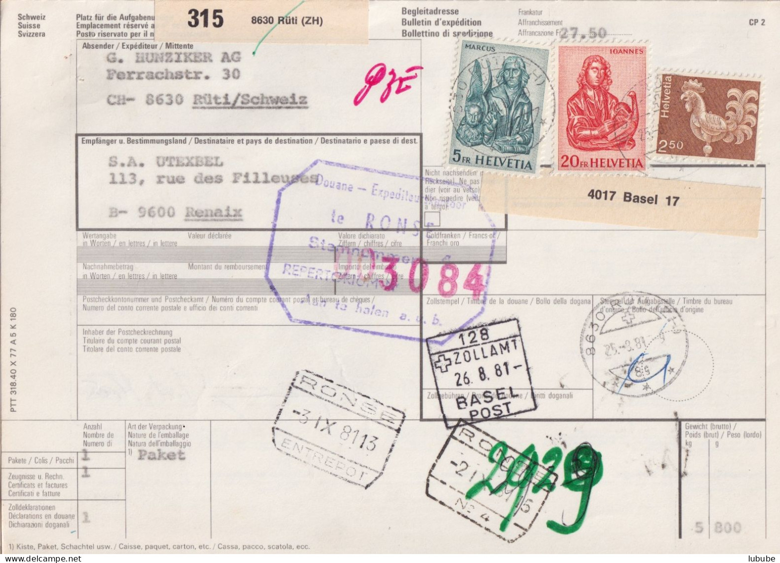 Begleitadresse  "Hunziker AG, Rüti" - Renaix Belgien         1981 - Briefe U. Dokumente