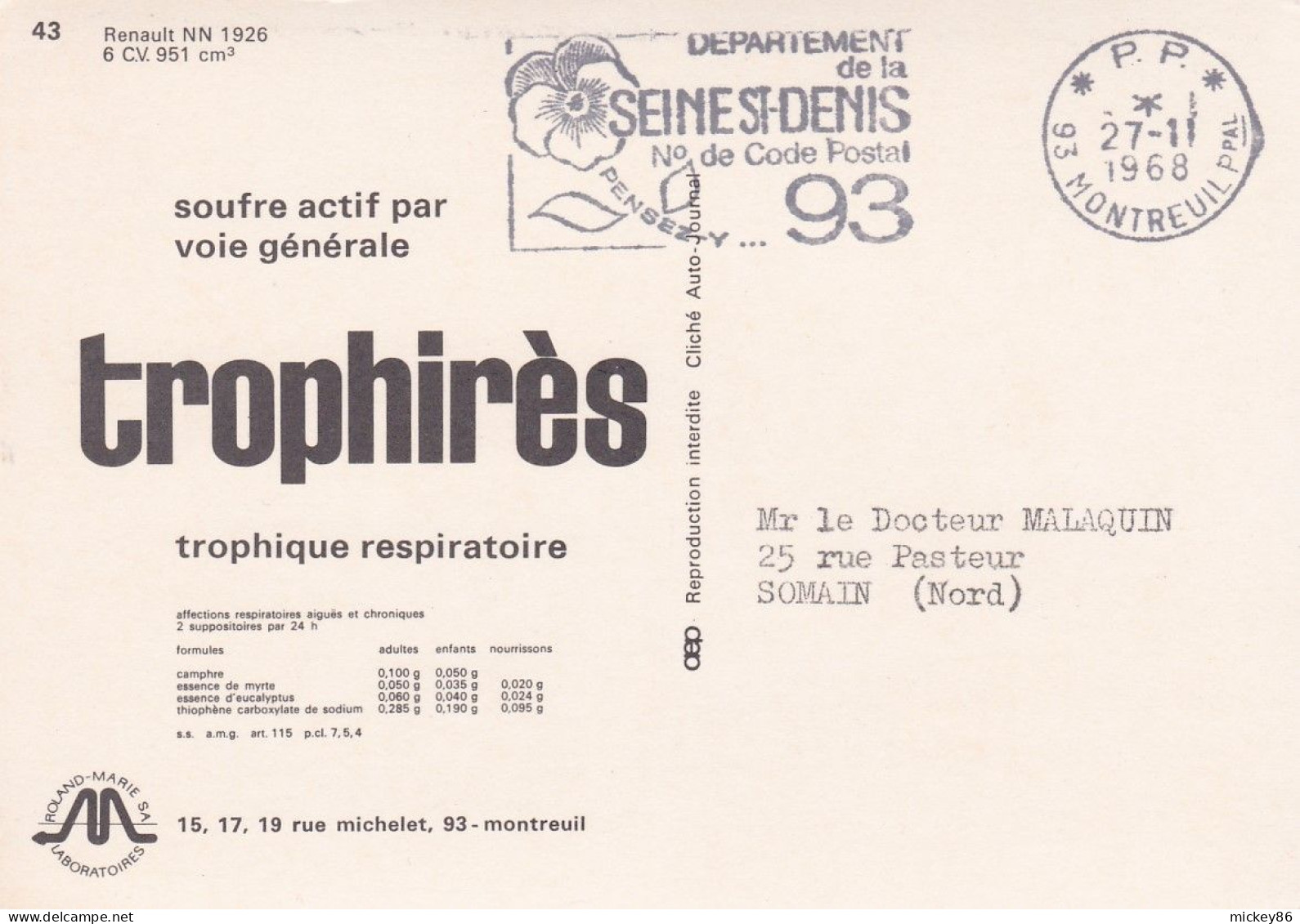 Voiture --1968--- RENAULT  NN 1926 --..............cachet  PP--93 Montreuil --pub TROPHIRES - PKW