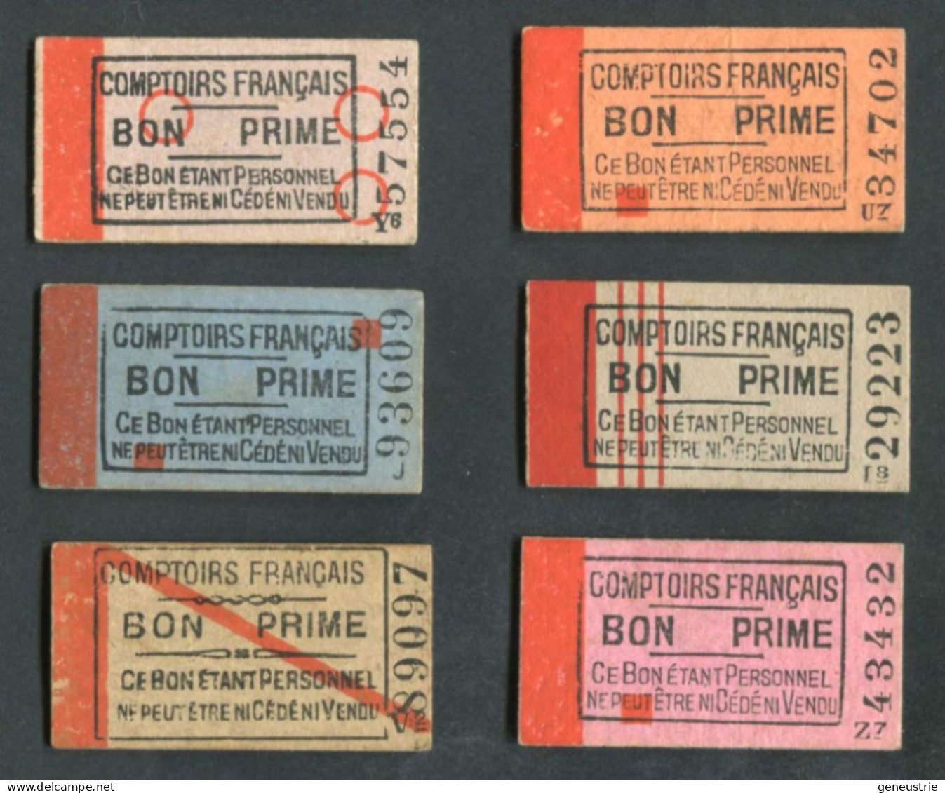 Série De 6 Jeton-carton De Nécessité "Comptoirs Français - Bon Prime" Ticket Type Edmondson - Monétaires / De Nécessité