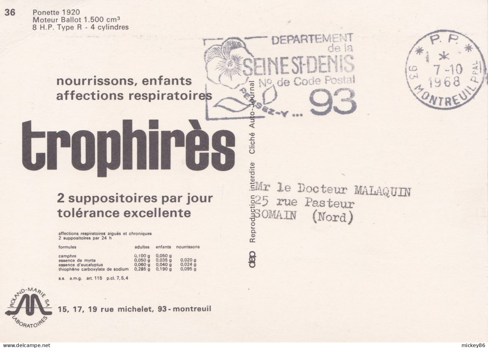Voiture --1968--PONETTE  1920  --..............cachet  PP--93 Montreuil --pub TROPHIRES - PKW