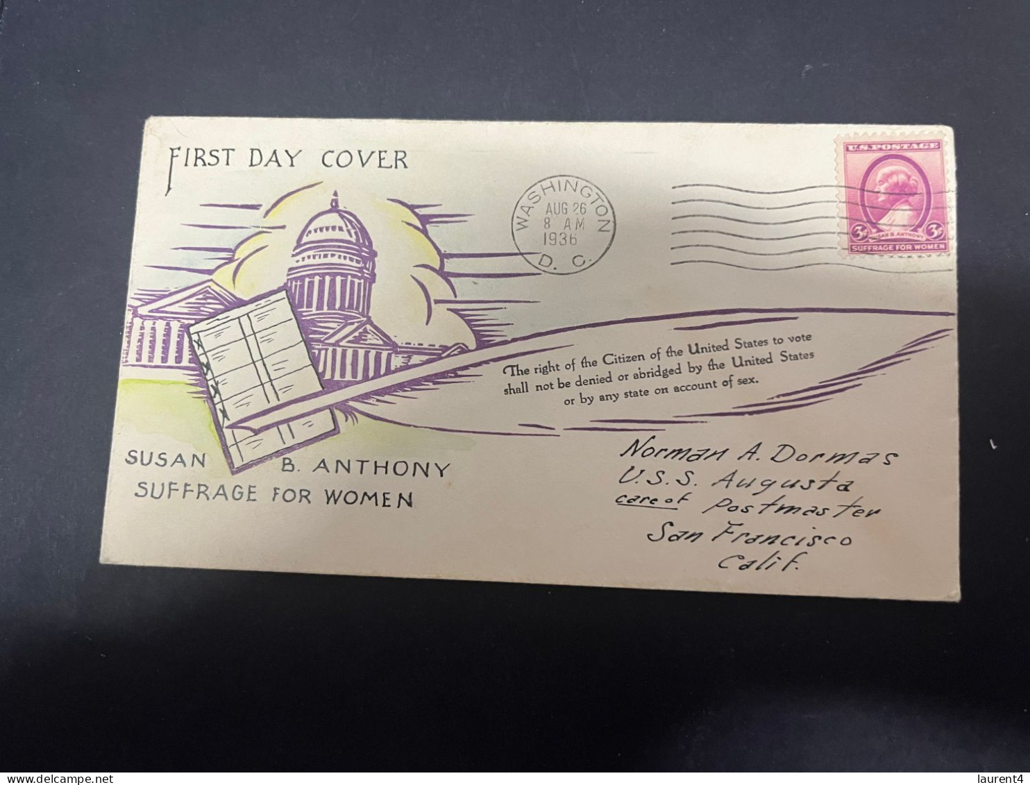 4-5-2024 (4 Z 9) USA - FDC 1936 - Susan B. Anthony - Suffrage For Women - 1851-1940