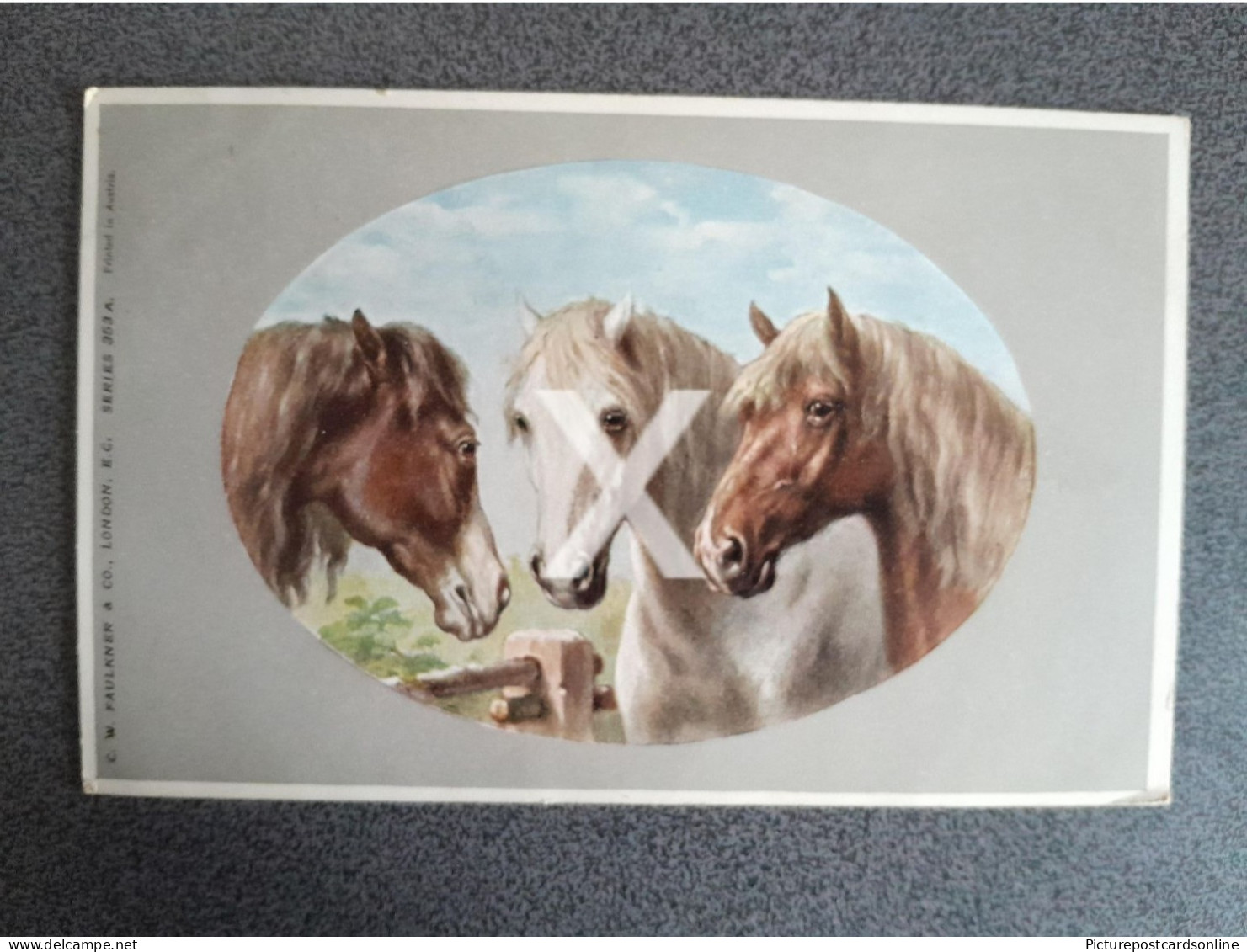 THREE HORSES OLD COLOUR POSTCARD ANIMALS FAULKNER SERIES NO 353A SALE SQUARED CIRCLE POSTMARK - Chevaux