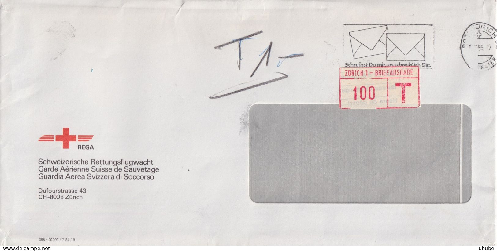 Taxierter Brief  "Schweiz.Rettungsflugwacht REGA, Zürich"  (Tax-Freistempel)     1986 - Briefe U. Dokumente