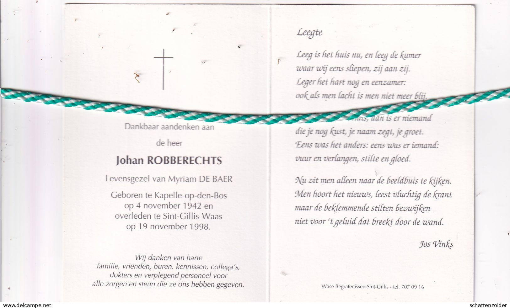 Johan Robberechts-De Baer, Kapelle-op-den-Bos 1942, Sint-Gillis-Waas 1998. Foto - Overlijden