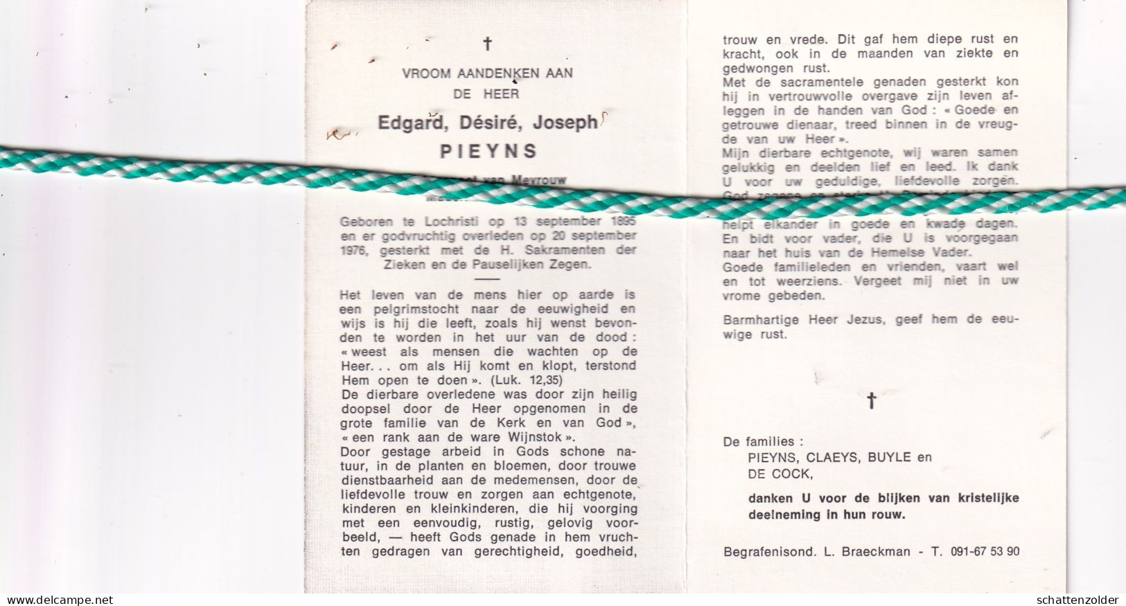 Edgard Désiré Joseph Pieyns-Claeys, Lochristi 1895, 1976 - Avvisi Di Necrologio