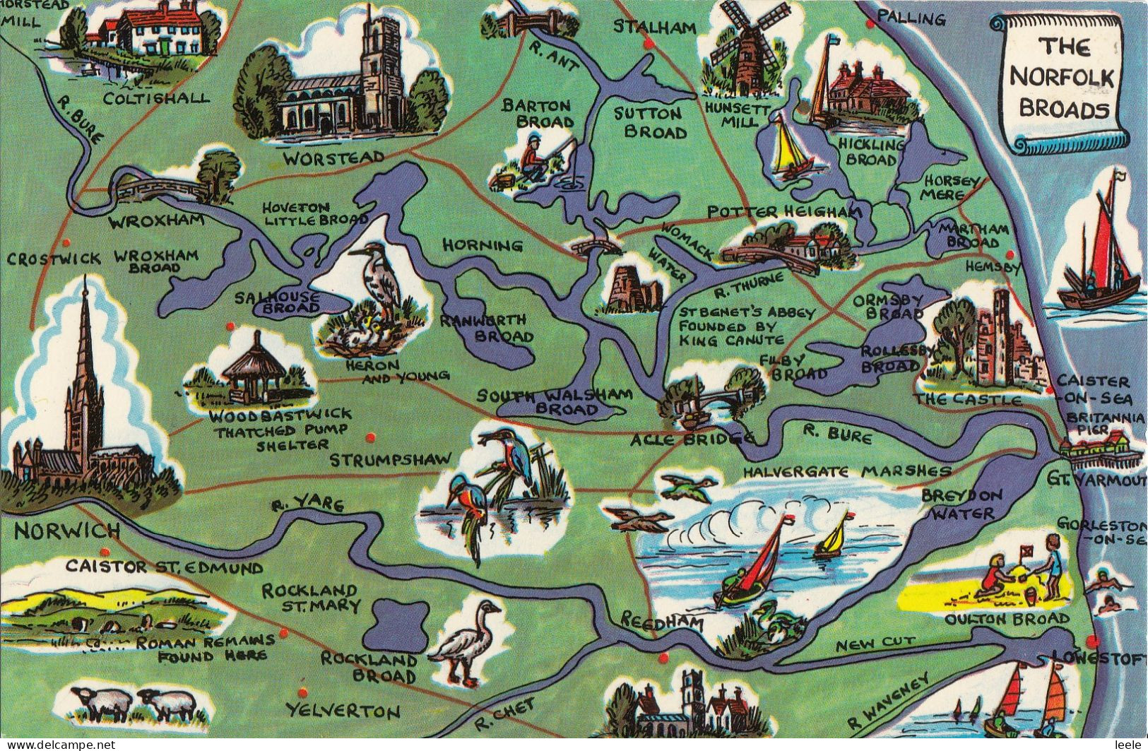 F53. Postcard. Map. The Norfolk Broads. - Sonstige
