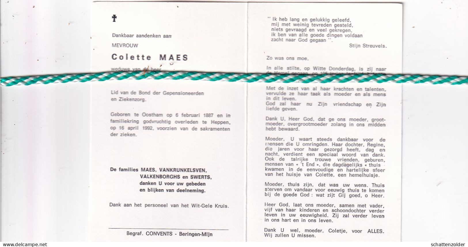 Colette Maes-Vankrunkelsven, Oostham 1887, Heppen 1992 - Décès