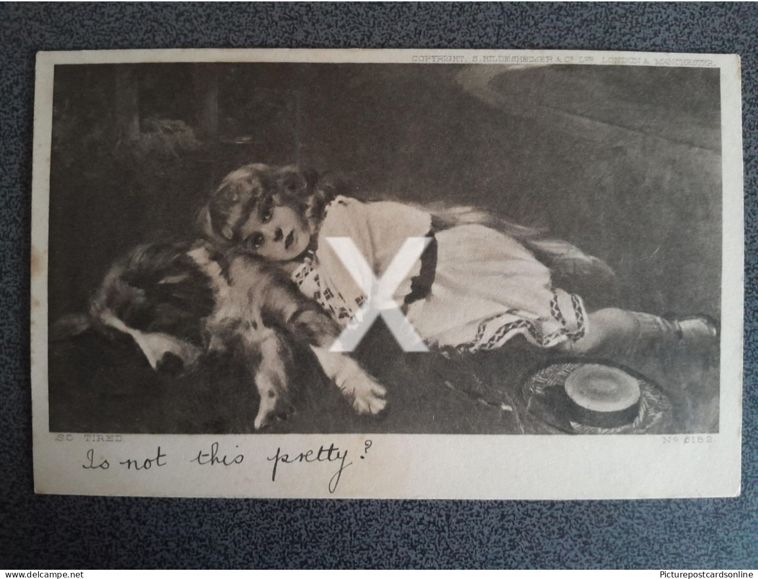 SO TIRED LITTLE GIRL LYING ON DOG OLD B/W POSTCARD 1904 STRETFORD SQUARED CIRCLE POSTMARK - Dogs